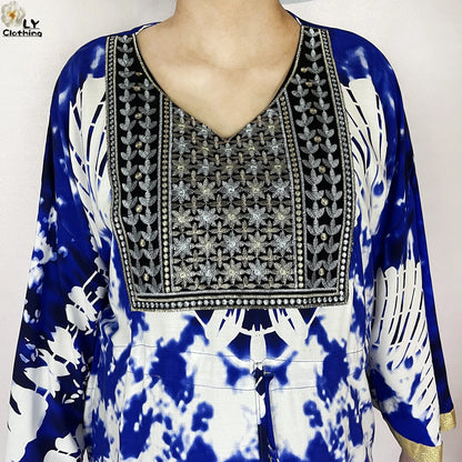 2025 New African Abaya For Women Dress Loose Batwing Sleeve Pockets High-quality Tie-dye Pure Cotton Fabric Women Islam Clothing