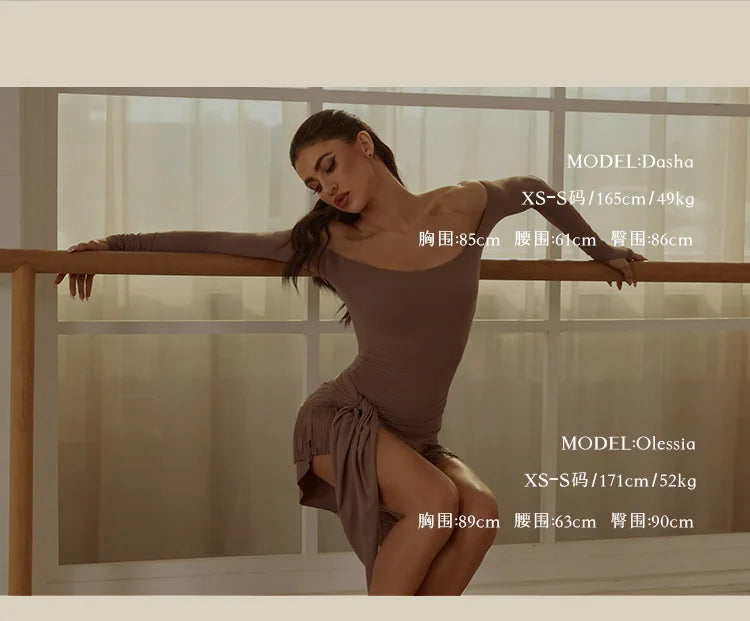 Off Shoulder Latin Dance Tops Fringe Skirt Women ZYM Latin Dance Clothes Competition Dress Club Rumba Samba Practice Wear V22221.