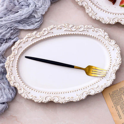 French Baroque Retro Relief Court Style Ceramic Dinner Plate European Tableware Western Food Plate Soup Plate Bowl Set.