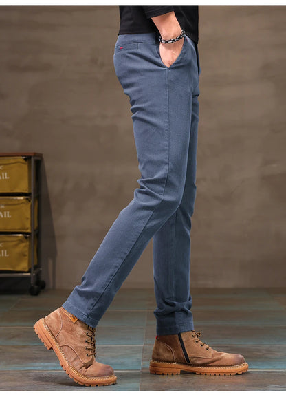 Men's Business Casual Pants Stretch Slim Fit Straight Semi-elastic Waist Trousers Solid Classic Office Work Male Clothing