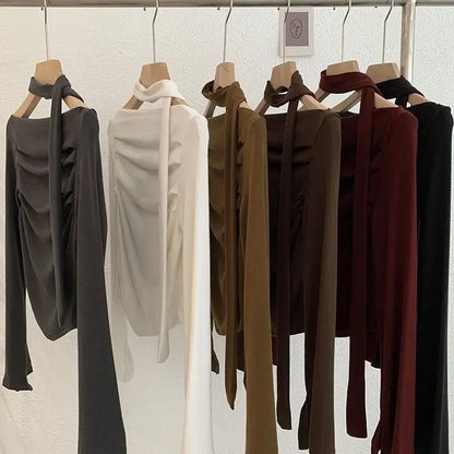 Elegant Long Sleeve Neck Hanging Sash Slim Fit T-Shirt Women's Red Black Other Pure Color Pleated Chic One Shoulder Top.