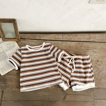 Korean Version Summer Kids Baby Girls Boys Short Sleeve Striped Top Tees +shorts Pants Infant Cute Pure Cotton Clothing Set