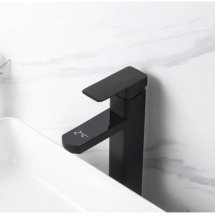 Digital Basin Faucets Smart Bathroom Faucet Shower Room Taps Water Temperature LED Black White Sink Tap Rotating Stainless Steel