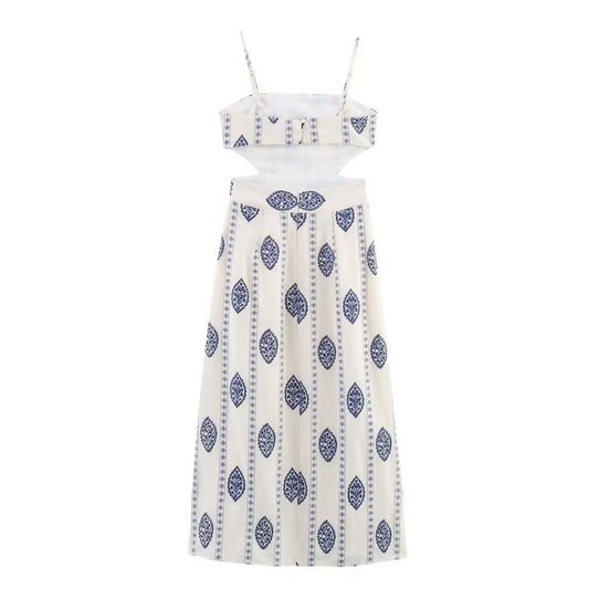 ZBZA Frauen Sexy Gedruckt Rohr Schlinge Lange Kleider Retro Taille Hohl Ärmelloses Abend Dünnes Kleid Weibliche Sommer Chic Street Party