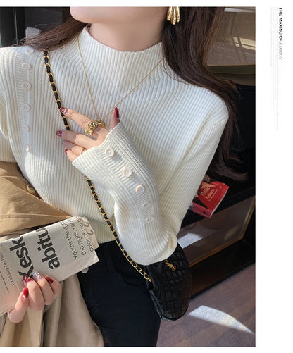 Langarm Beiläufige Dünne Pullover Mode Taste Grundlegende Gestrickte Tops Frauen Rollkragenpullover Koreanische Mode Einfache Chic Kleidung