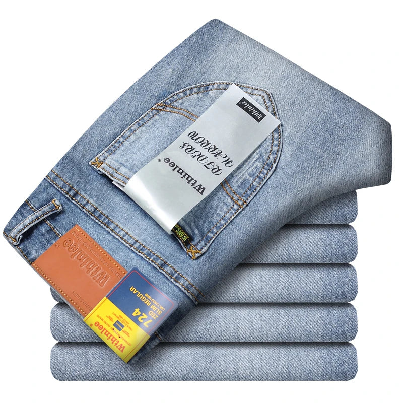 Spring Autumn Business Men Jeans Casual Straight Stretch Fashion Classic Black Sky Blue Grey Work Denim Trousers Brand Clothing.