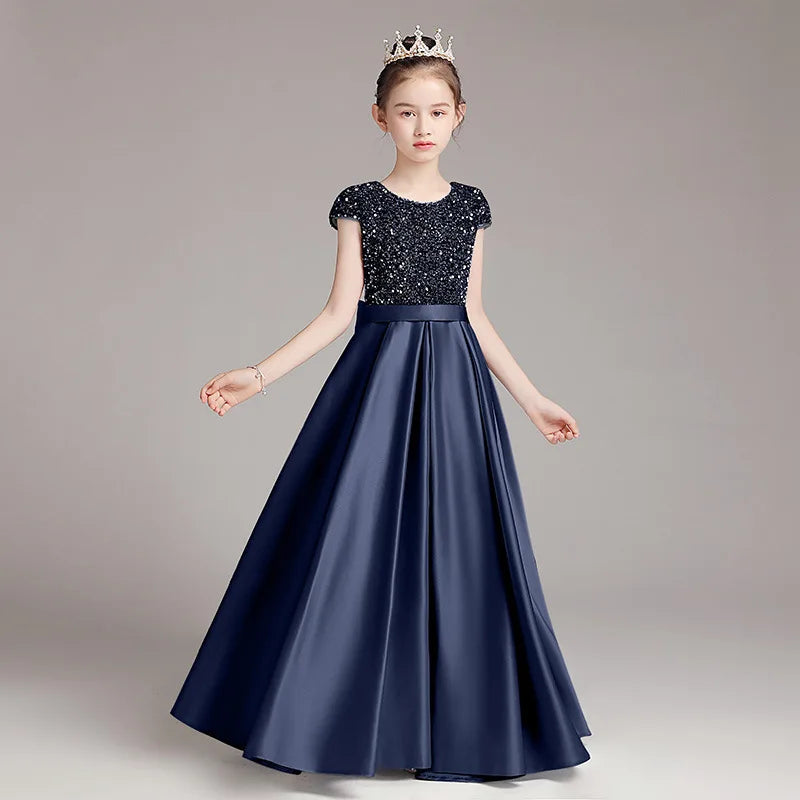 Mädchen-Klavierkleid, graues Pailletten-langes Performance-Kleid, Prinzessinnenkleid, Kinder-Host-Show-Performance-Kleid, Sommer