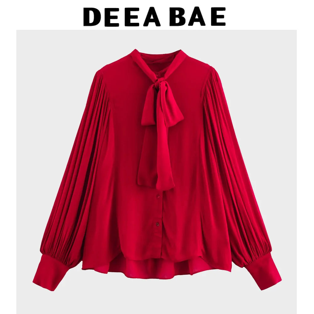DEEABAE Bow Ribbon Red Chiffon Shirt Women's Early Spring New French Style High-end Temperament Age-reducing Top.