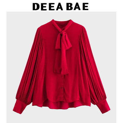 DEEABAE Bow Ribbon Red Chiffon Shirt Women's Early Spring New French Style High-end Temperament Age-reducing Top.