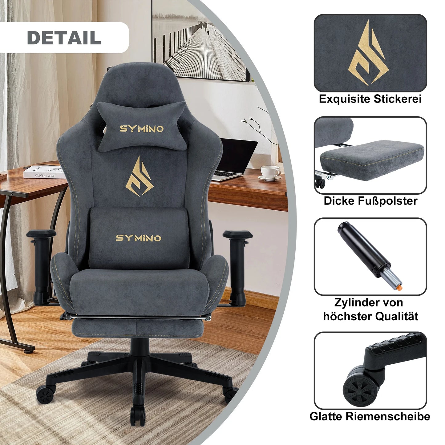 Symino Gaming-Stuhl, ergonomischer Gamer-Stuhl mit Fußstütze, atmungsaktiver PC-Stuhl mit verstellbarem Lendenkissen, Kopfstützenkissen