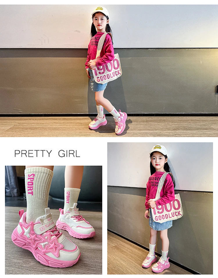Children Casual Shoes for Girls Fashion Classic with Stars Girls Sports Running Sneakers Breathable PU + Rubber Anti-skid Soft.