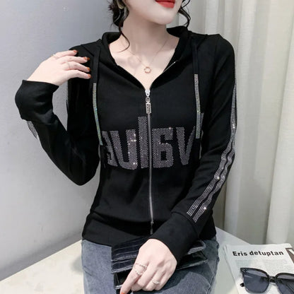 #7937Black Grey Women Hoodies Sweatshirt Tops Pullovers Diamonds Letters Slim Streetwear Short Hoodies Woman Zipper Korean Style.