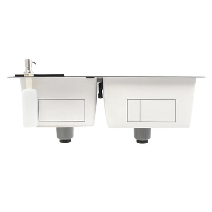 Rainaut Küchenspüle aus Edelstahl 304, Doppelschüssel-Einbaumkorb mit Abtropffläche + Seifenspender, rechteckige Spüle, 78 x 43 x 22 cm