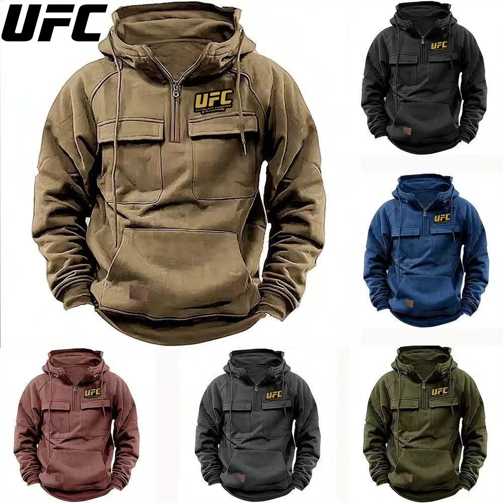 UFC Autumn Winter Men's Hooded Solid Hoodies Sweatshirts Sports Outdoor Casual Hoodie Coat Jackets Multi Pockets Male Zipper.