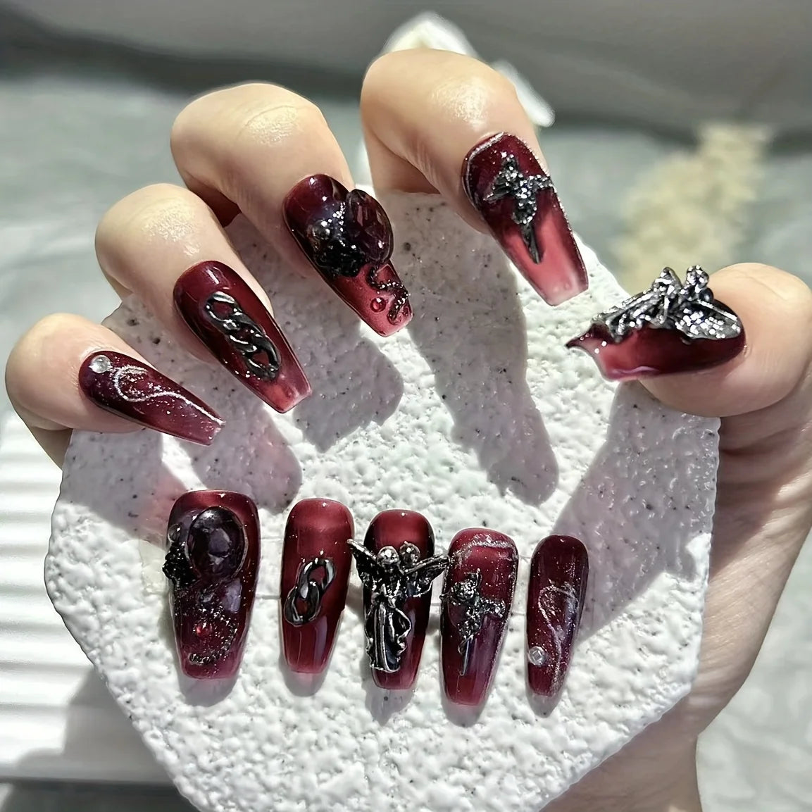 10 Pieces Sweet Cool Dark Style Handmade Wearable Nails Star River Falls Nail Art Patches Scarlet Angel Halloween Fake Nails.