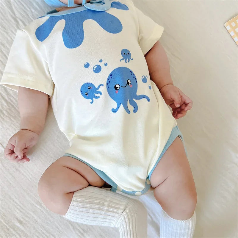 Lustige Oktopus Sommer Baby kleidung koreanische neue Jungen Mädchen einteiligen Stram pler schönen Bodysuit Säugling Baumwolle kurzen Overall.