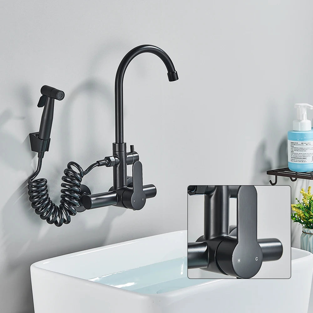 Kitchen Faucet With Spray Gun Wall Mounted Hot Cold Water Mixer Tap Rotatable Faucets Dual Water Mode No Dead corner Cleaning