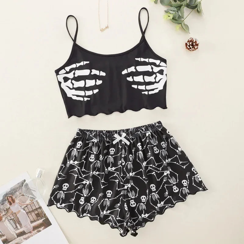 Sommer-Pyjamas für Damen, sexy Alien-Druck, Schlinge, Nachtwäsche, V-Ausschnitt, Pyjama, Homewear, ärmellos, niedliches Top und Shorts-Sets