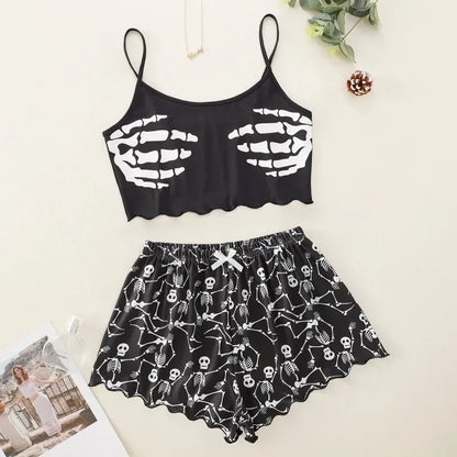 Sommer-Pyjamas für Damen, sexy Alien-Druck, Schlinge, Nachtwäsche, V-Ausschnitt, Pyjama, Homewear, ärmellos, niedliches Top und Shorts-Sets