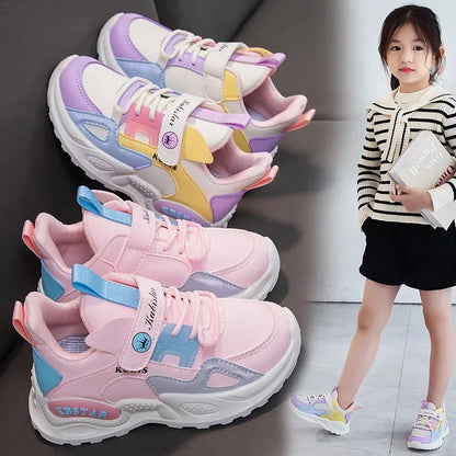 Kids Spring Sneakers Girls School Casual Shoes Outdoor Breathable Running Shoes Light Soft Tenis Pink Non-slip Children Shoes.