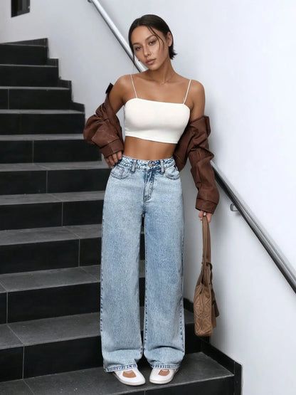 High Waist Straight Leg Women's Jeans Rhinestone Washed INS Style Imported New Model Blue Denim Trousers Female Fashion.