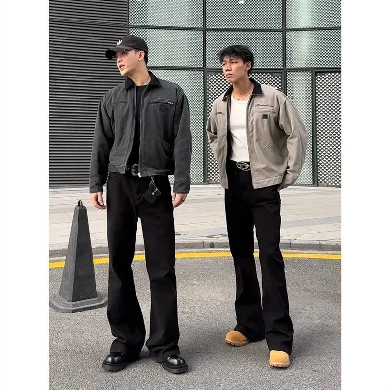 New Trendy Vintage Blackbell-bottom Men's Pants Extended Length High-fit Cleanfit Soft Jeans Casual Scene Male Style.