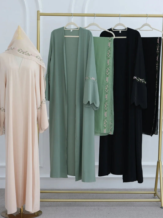 Middle East Women Arabic Dubai Abaya Luxury Kimono Cardigan Floral embroidery Long Dress Modest Robe Femme Islam Clothing Kebaya.