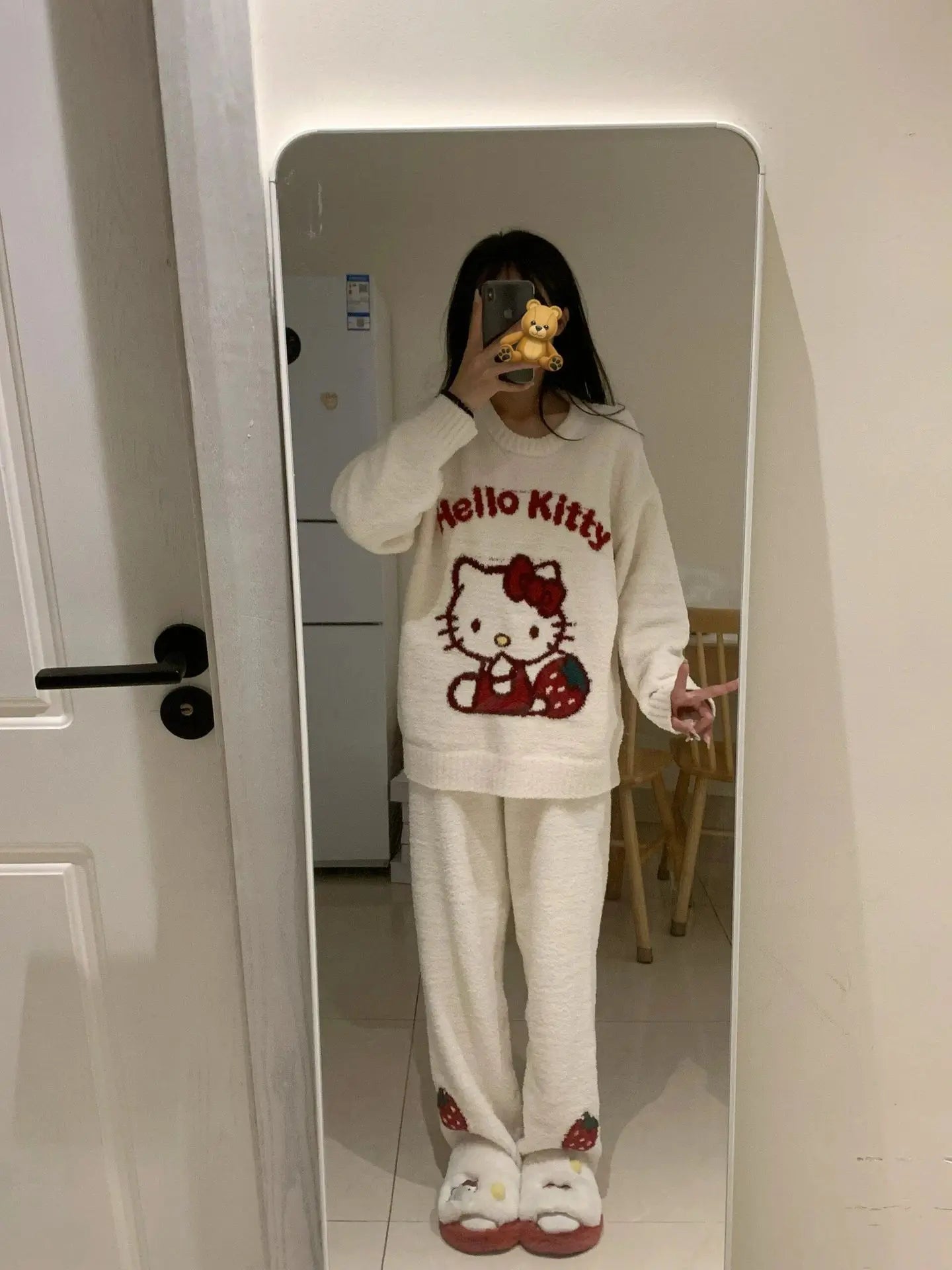 Kawaii Hello Kitty Pajamas Girl Sanrio Long-Sleeved Loungewear Sweet Young Student Girl  Warm Home Clothes Sleepwear Set.