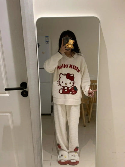 Kawaii Hello Kitty Pajamas Girl Sanrio Long-Sleeved Loungewear Sweet Young Student Girl  Warm Home Clothes Sleepwear Set.