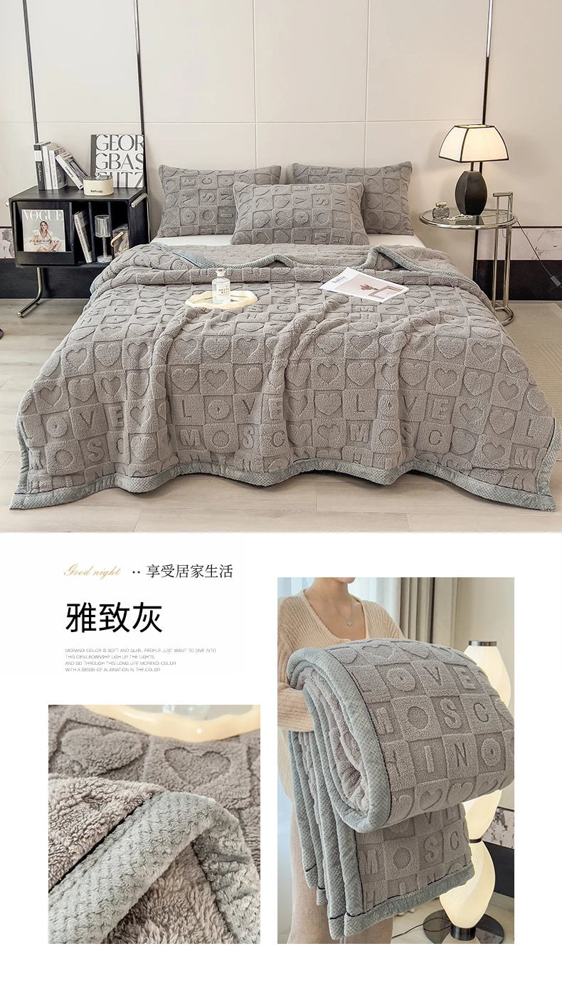 Heart Pattern Coral Fleece Blanket Autumn Winter Double Layer Thicken Warm Plush Blanket for Bed Fluffy Soft Sofa Throw Blankets