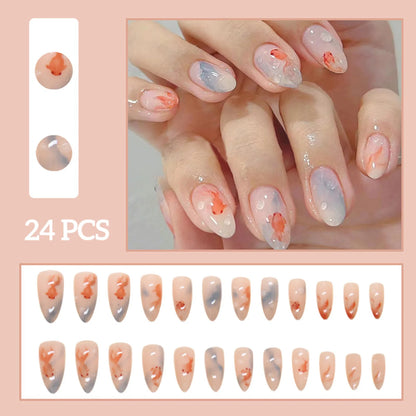 24pcs White Flower Fake Nail Tips Ins Yellow Pink Blush False Nails Wearable Full Cover European Almond Shaped Press on Nails