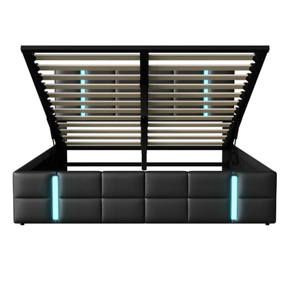 Comanlai 140 x 200 cm gepolstertes Bett, Doppelbett mit USB-Ladeanschluss und LED-Licht, hydraulisches Bett mit Stauraum und Lattenrost, PU
