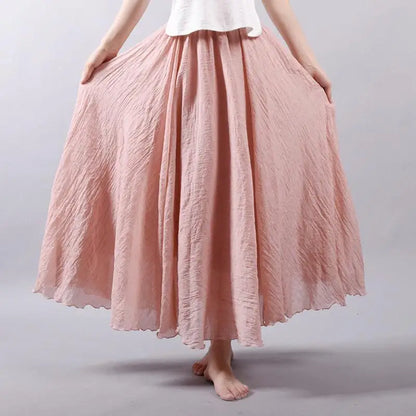 Frauen Elegante Hohe Taille Leinen Maxi Rock 2023 Sommer Damen Casual Elastische Taille 2 Schichten Röcke saia feminina 20 Farben SK53