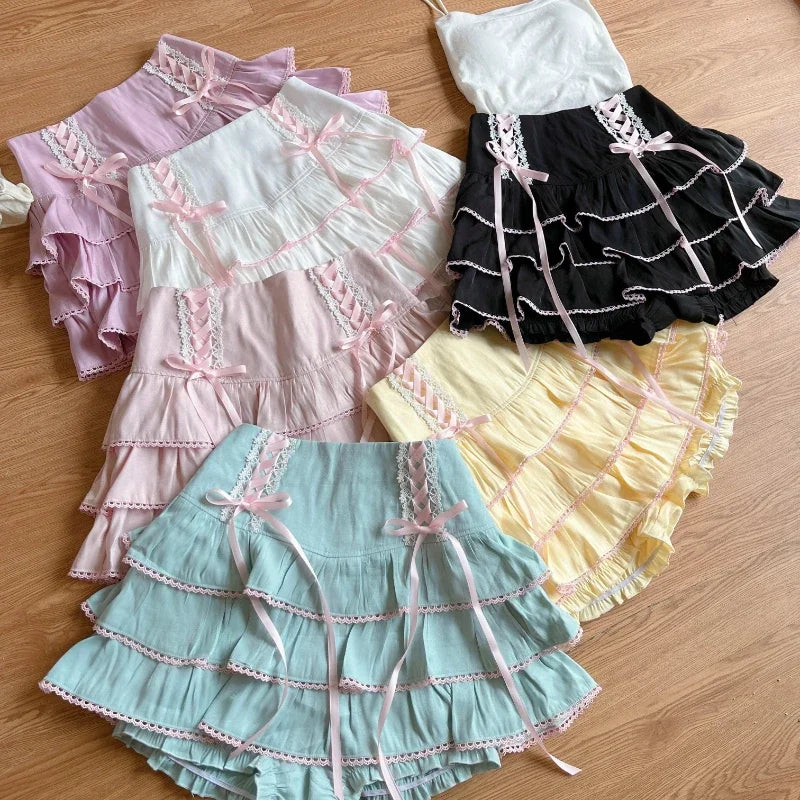 Japanese Kawaii Lolita Style Pleated Skirts Women High Waist Pink Bandage Fairy Y2k Aesthetic Skirt Cute Faldas Mujer Moda 2024.