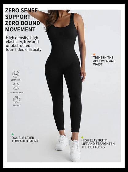 Women's jumpsuit yoga ribbed bodysuit seamless square neck leggings for sports and fitness.
