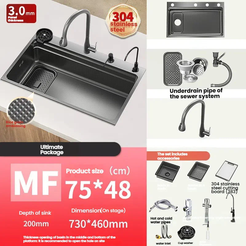 Stainless Steel Kitchen Sink Gray Household Large Single Slot Wash Vegetables and Dish Basin Multifunctional Dish Basin Sink