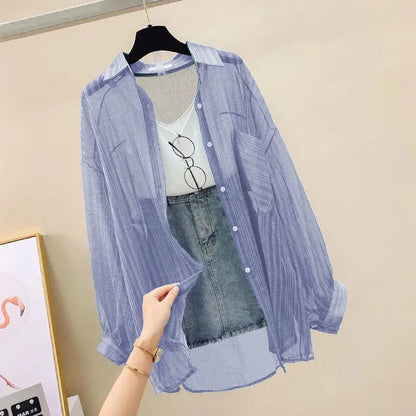 Summer Sunscreen Shirt Elegant Perspective Thin Chiffon Blouse Korean Harajuku See Through Loose Top Casual Women's Cardigan.