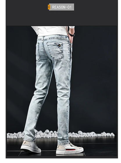 Slim Skinny Jeans Men New Elastic Korean Design Fashion Multi-Button Blue White Vintage Wash Cotton Stretch Denim Pants Trousers.