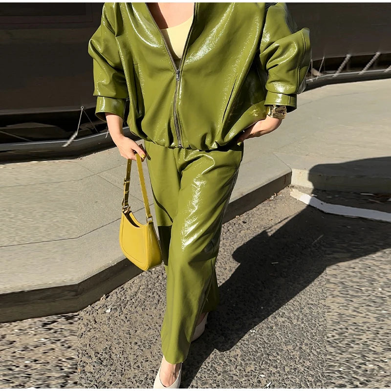 Stylish Leather Solid Jacket Pants Set Women Stand Collar Zipper Coat Loose Trousers Sets Female 2025 Autumn Fashion Streetwears