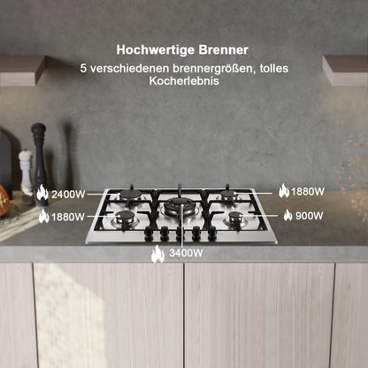 68cm 5-Burner Gas Hob Stainless Steel Gasherd Auto Flame Shield & Dual Fuel (Erdgas/LPG) 10460W Pro Line Built-in/Standherd.
