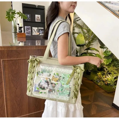 New Versatile Fashion Ribbon Itabag Large Capacity Green Large Food Anime Millet Bag Daily One Shoulder Tote Bag.