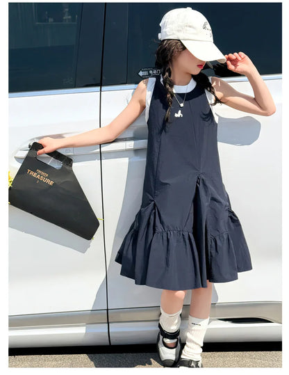 Neues Sommer-Mädchen-Prinzessinnenkleid für Kinder, ärmelloses Kleid mit Rüschen, Design-Kleider für Teenager, Kinder, lässiges Urlaubs-Strandkleid