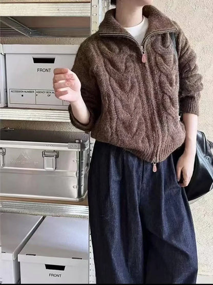 Women Autumn Winter New Lazy Style Loose Knitted Cardigan Retro Solid Color Double Zipper Turn-down Collar Sweater New Women Top.