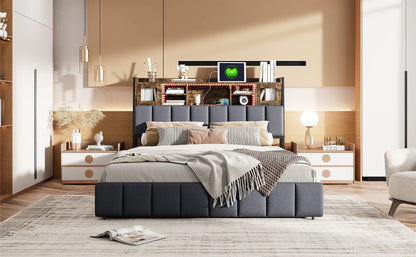 Rosahqnda Doppelbettgestell 140–160 x 200 cm mit LED, USB und Schubladen, gepolstertes Jugendbett, Wohnungsbett, Gästezimmer, Leinen, Grau