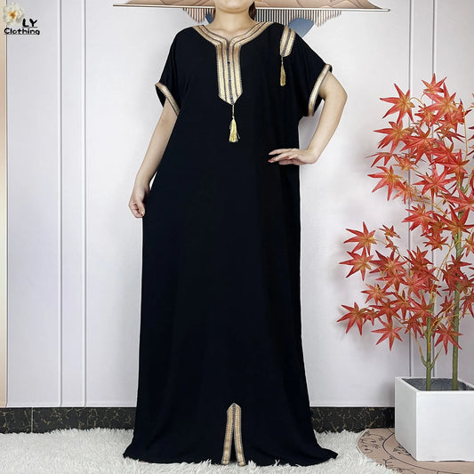New Muslim Abayas Summer Short Sleeve African Dashiki Tassels Cotton Loose Caftan Lady Maxi Islam Casual Dresses With Headscarf.
