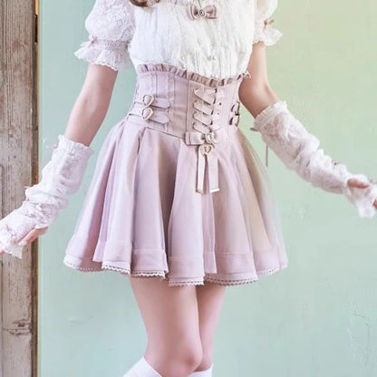 Japanese Liz New Summer Lace Edge Leather Ring High Waist Pleated Skirt Ribbon Bow All-match Short Skirts Big Bow Lolita Blouses.