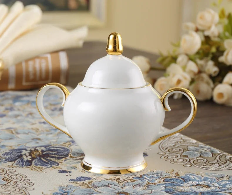 China Coffee Set White Gold Porcelain Tea Advanced Pot Cup Ceramic Mug Sugar Bowl Creamer Teapot Milk Jug Teaset.