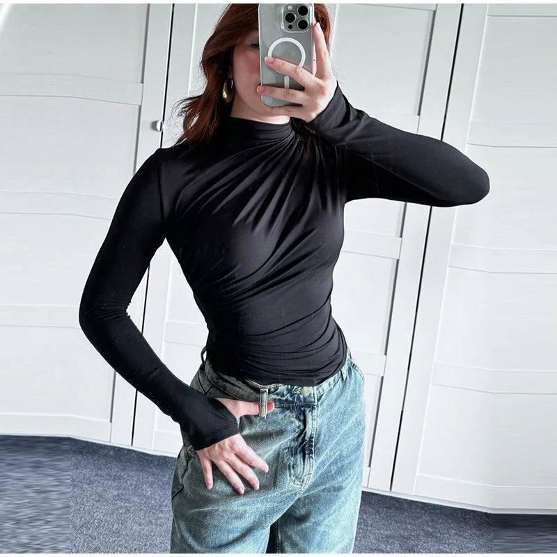 Women Tees Sexy Turtleneck Long Sleeve Pleated All-match Basic Lady T-shirts 2025 Spring Autumn Fashion Chic Female Streetwears