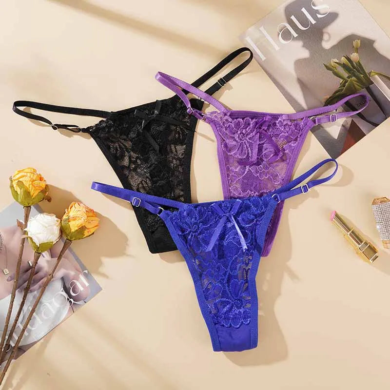 Sexy Lace Adjustable Thongs for Women Low Rise Hollow Out Briefs Female Breathable Underpants Perspective Sexy Lingerie.