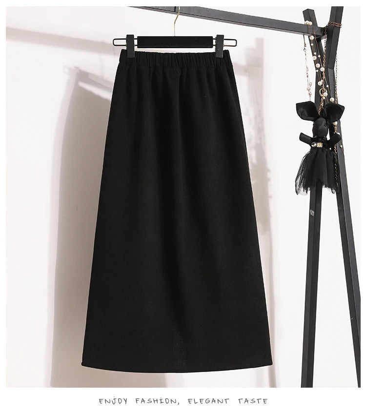 2025 Autumn Winter Plus Size Skirts Women High Waist Solid A-line Skirt Back Slit Korean Thick Elegant Fleece-lined Style Skirts
